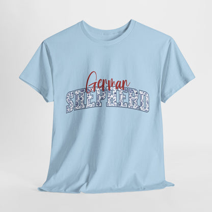 German Shepherd Tshirt with varsity and script lettering in light blue