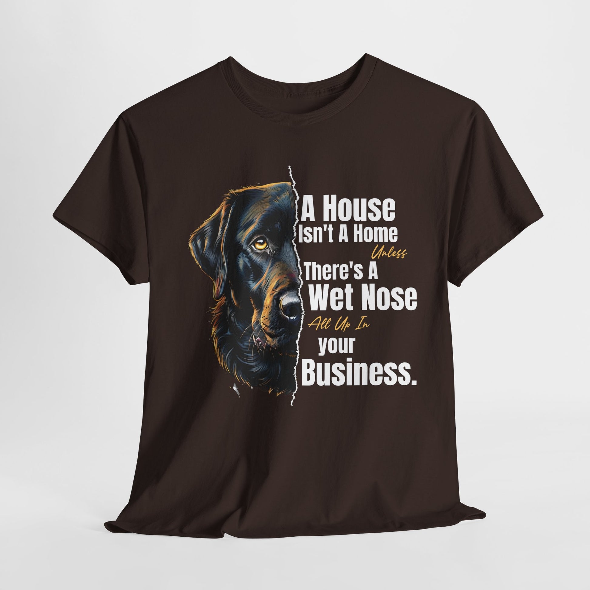 Brown t-shirt with a dog graphic and humorous text on a white background