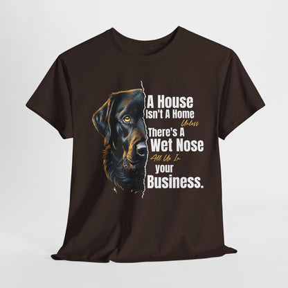 Brown t-shirt with a dog graphic and humorous text on a white background