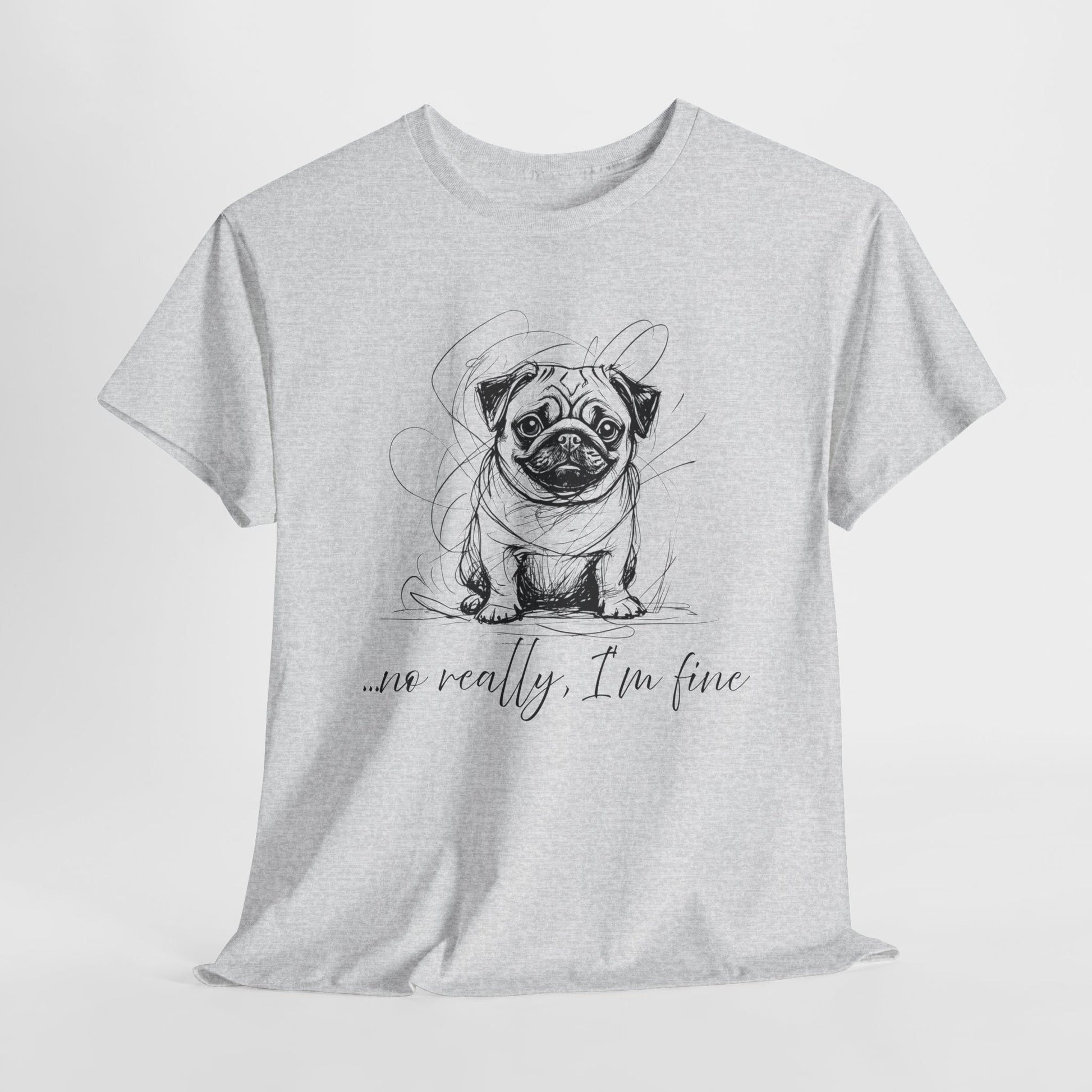 Gray t-shirt with a pug graphic and text on a white background