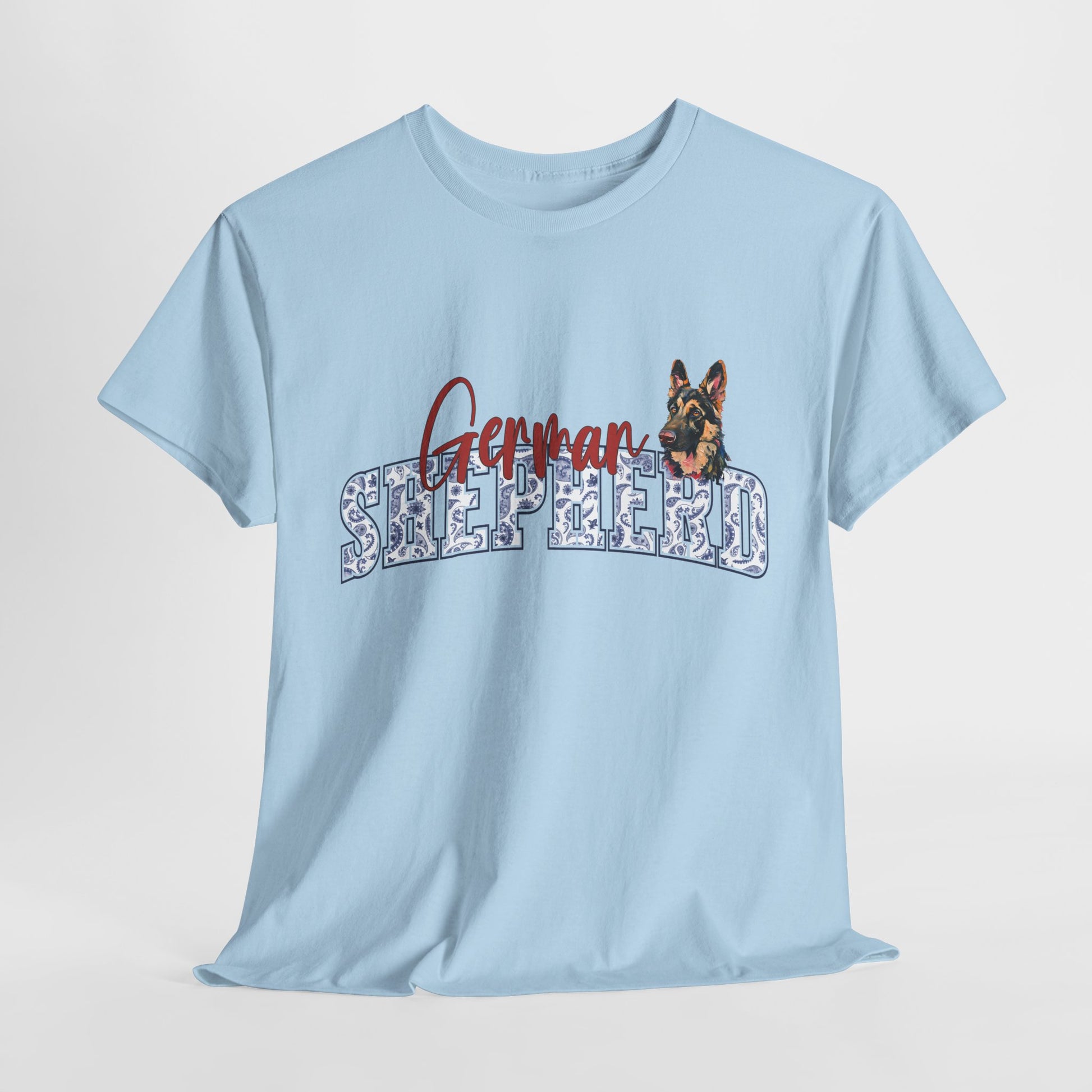 Light blue t-shirt with 'German Shepherd' text and dog graphic on a light gray background