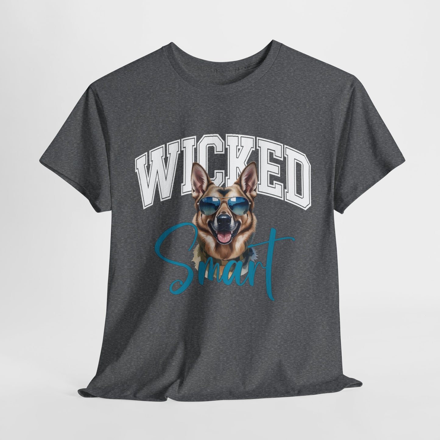 Gray t-shirt with a graphic of a dog wearing sunglasses and the text 'Wicked Smart' on a light gray background.