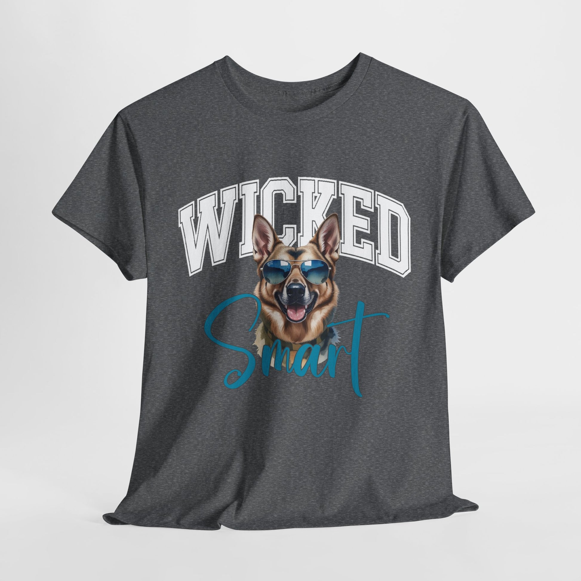 Gray t-shirt with a graphic of a dog wearing sunglasses and the text 'Wicked Smart' on a light gray background.