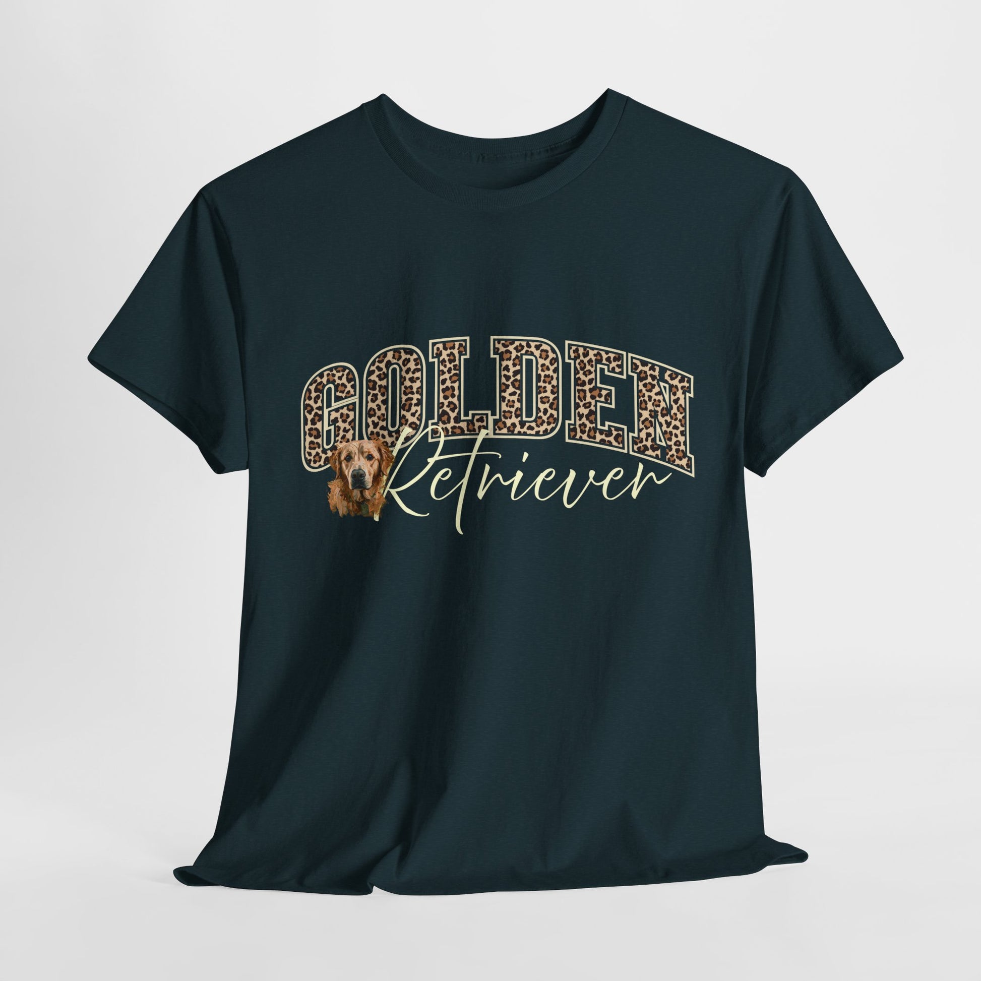 Black t-shirt with 'Golden Retriever' text and dog illustration on a white background