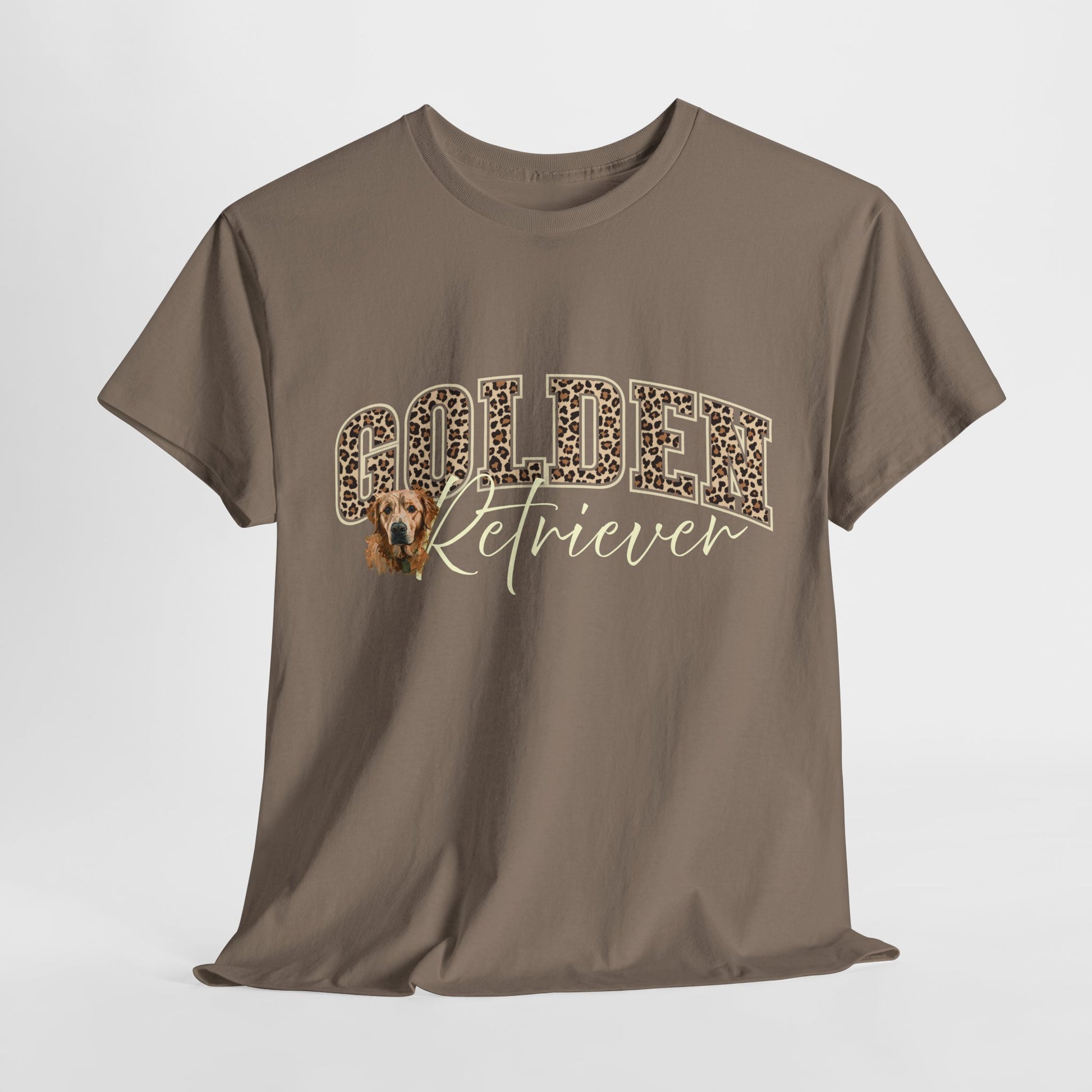 Brown t-shirt with 'Golden Retriever' text and dog graphic on a white background