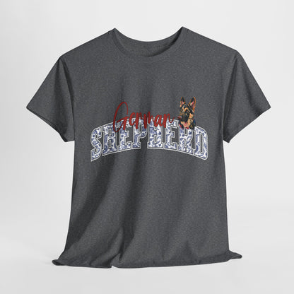 Dark gray t-shirt with a dog graphic and text on a light gray background