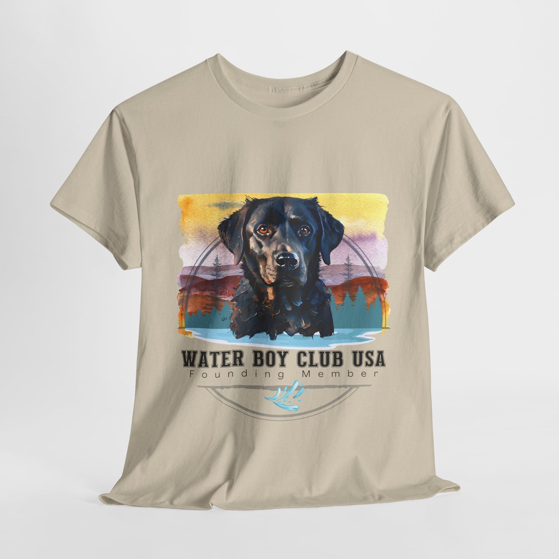 Beige t-shirt with a dog graphic and 'Water Boy Club USA' text on a white background