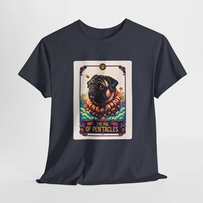 Black t-shirt with a graphic of a pug on a tarot card design, featuring the text 'The Pug of Pentacles', on a light gray background.
