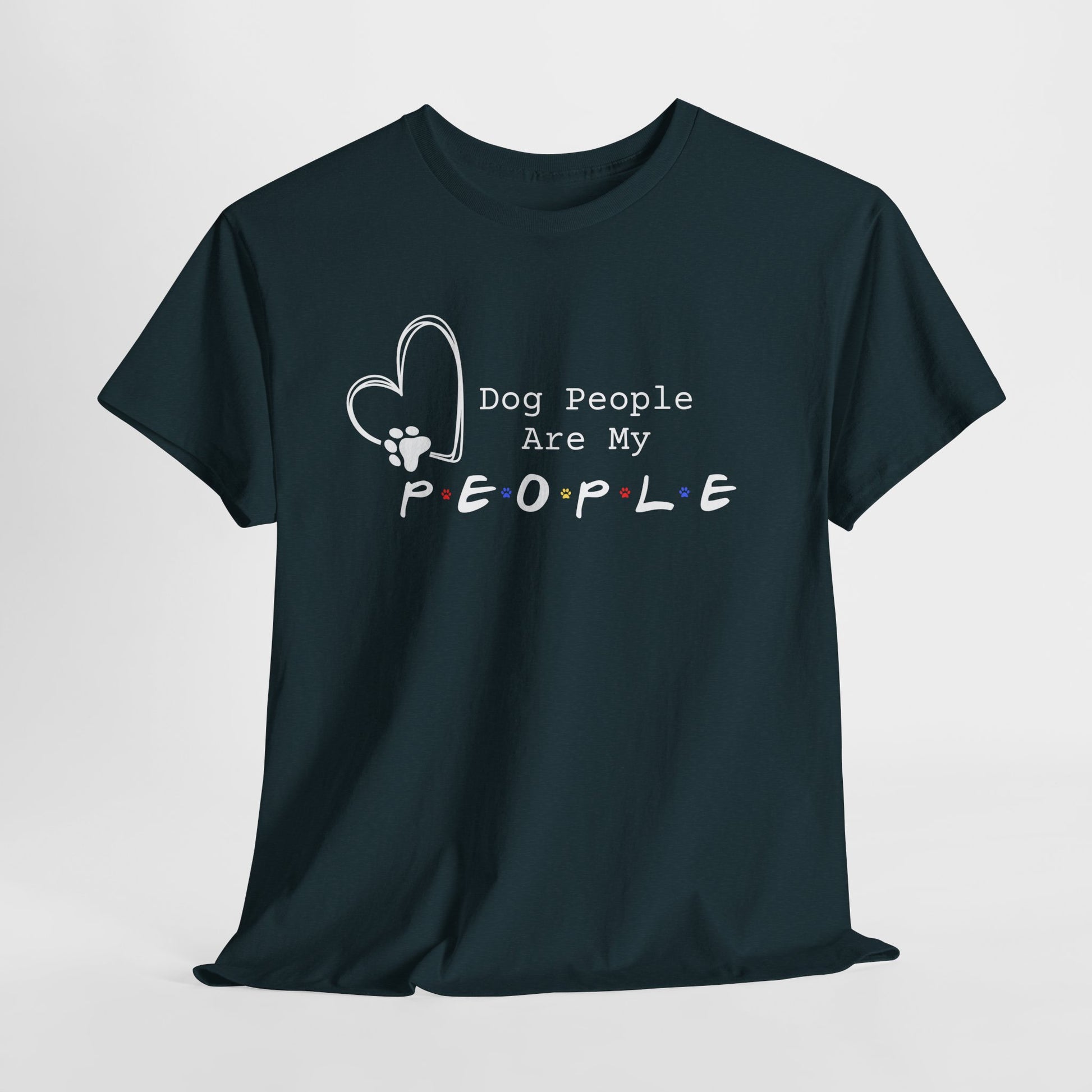 Black t-shirt with 'Dog People Are My People' text and heart design on a white background