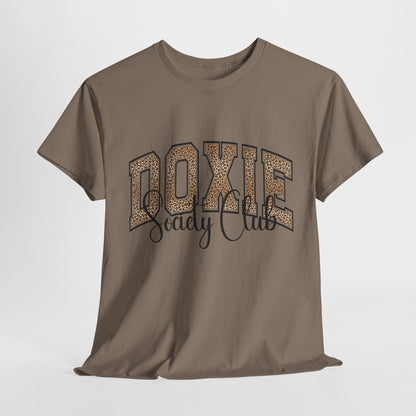 Brown t-shirt with 'Doxie Society Club' text on a white background