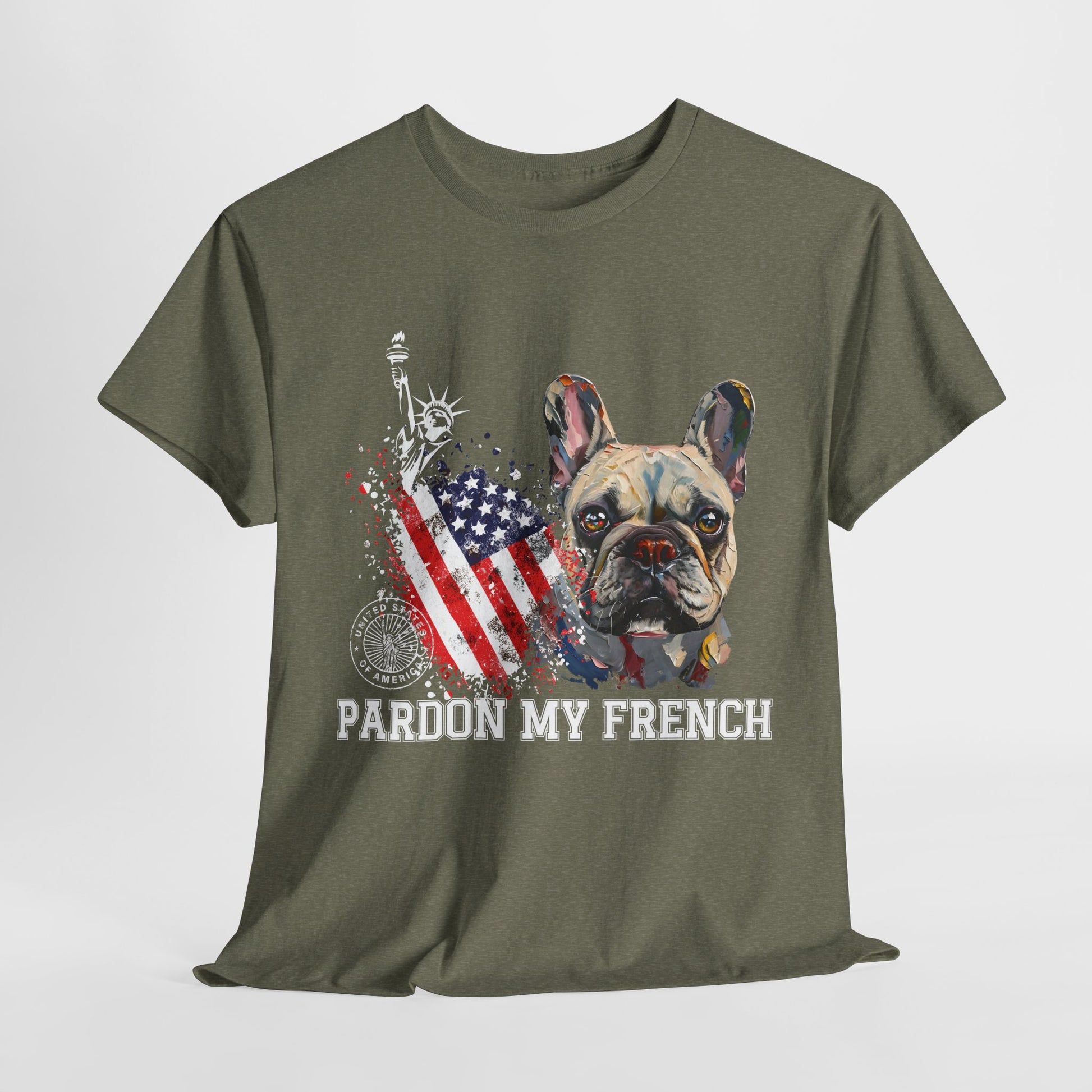 Green t-shirt with a graphic of a dog, American flag, and 'Pardon My French' text on a white background