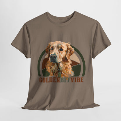 Brown t-shirt with a dog graphic and 'GOLDEN BFF VIBE' text on a white background