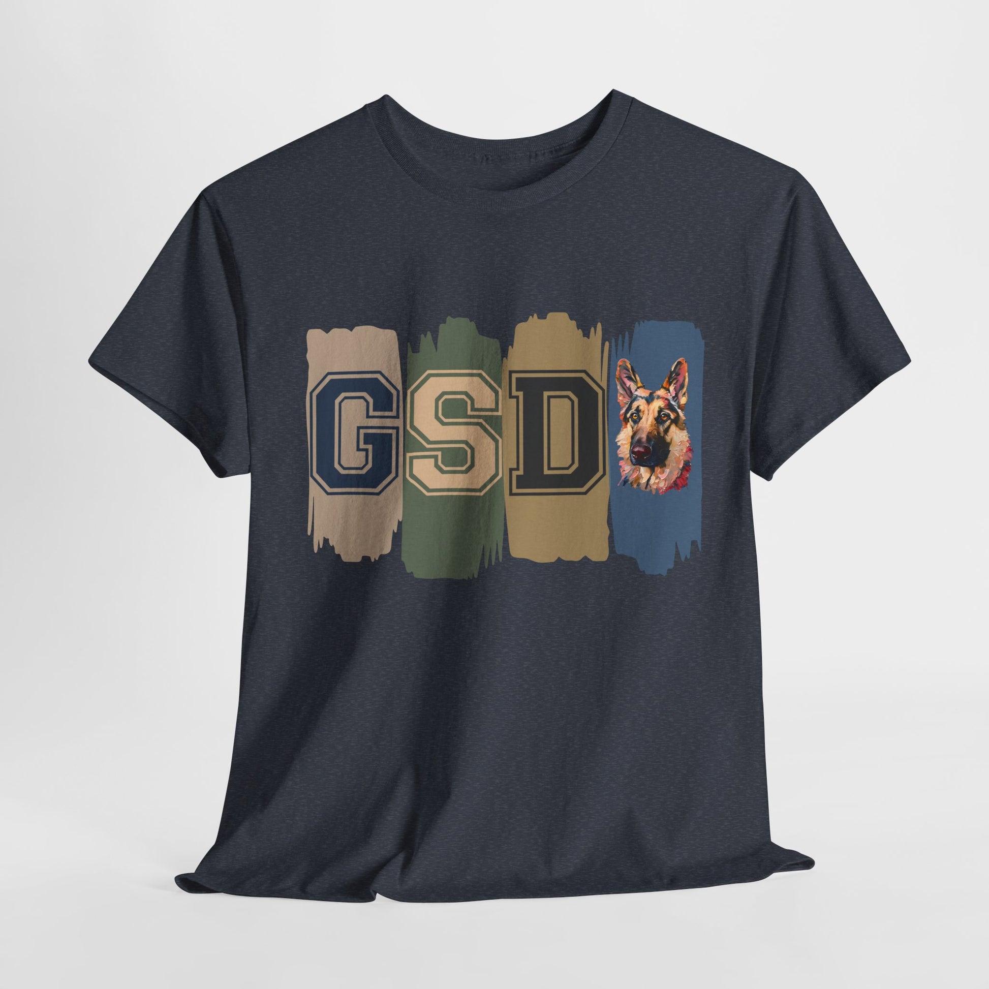 Black t-shirt with 'GSD' and dog graphic on a light gray background