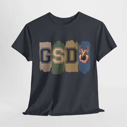 Black t-shirt with 'GSD' and dog graphic on a light gray background