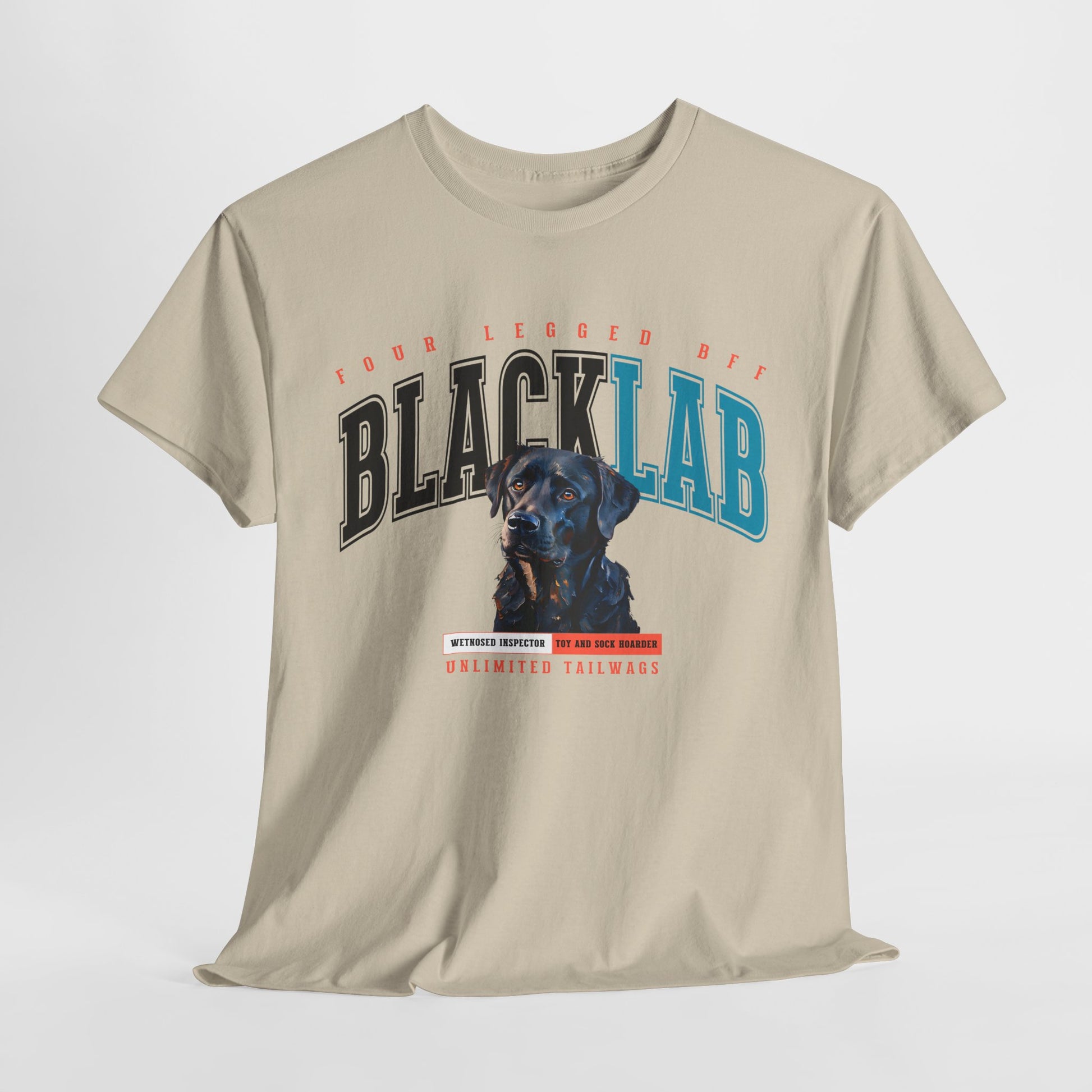 Beige t-shirt with black lab graphic and text on a white background