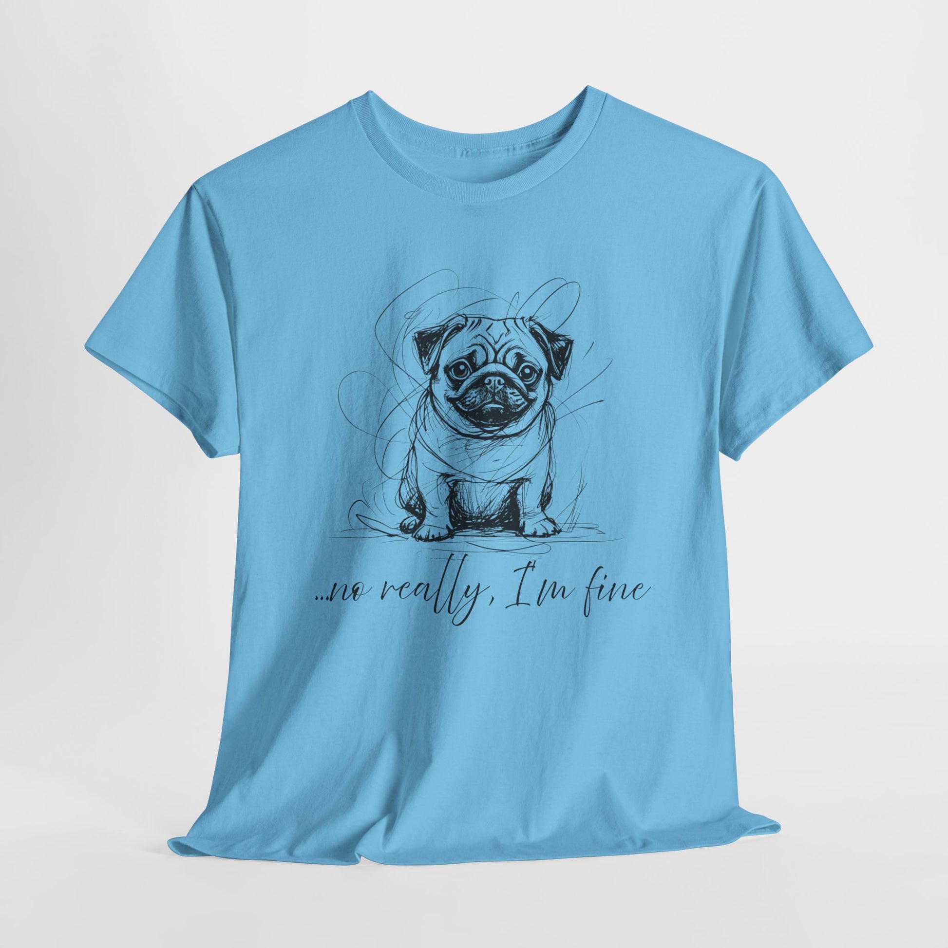 Light blue t-shirt with a pug graphic and text on a white background