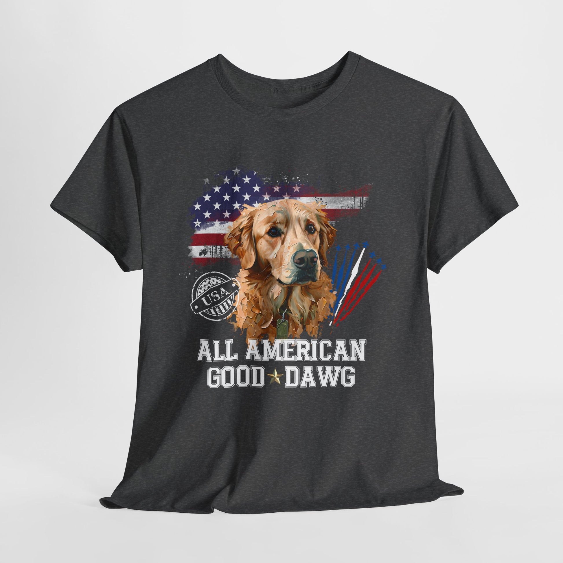 Black t-shirt with a dog graphic and 'All American Good Dawg' text on a white background