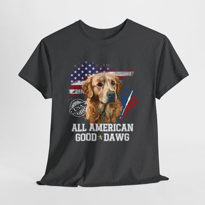 Black t-shirt with a dog graphic and 'All American Good Dawg' text on a white background