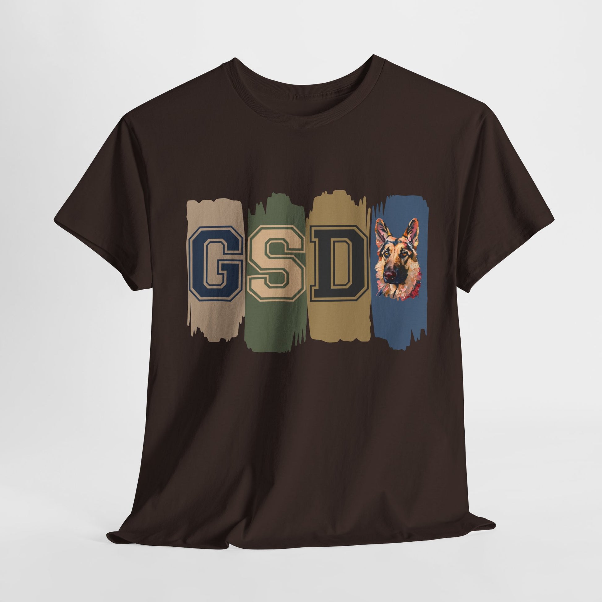 Brown t-shirt with 'GSD' letters and dog illustration on a white background