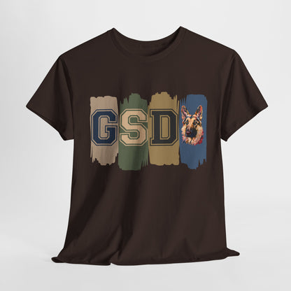Brown t-shirt with 'GSD' letters and dog illustration on a white background