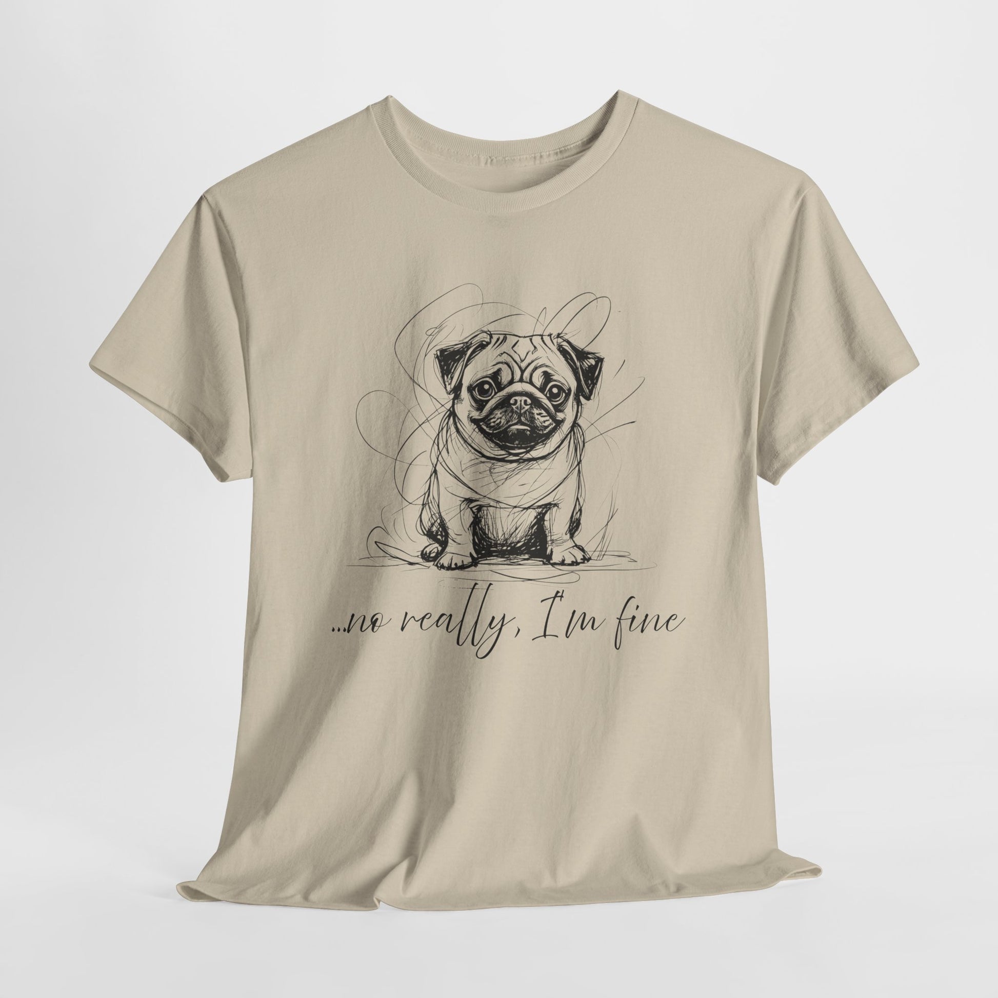 Beige t-shirt with a pug graphic and text on a white background