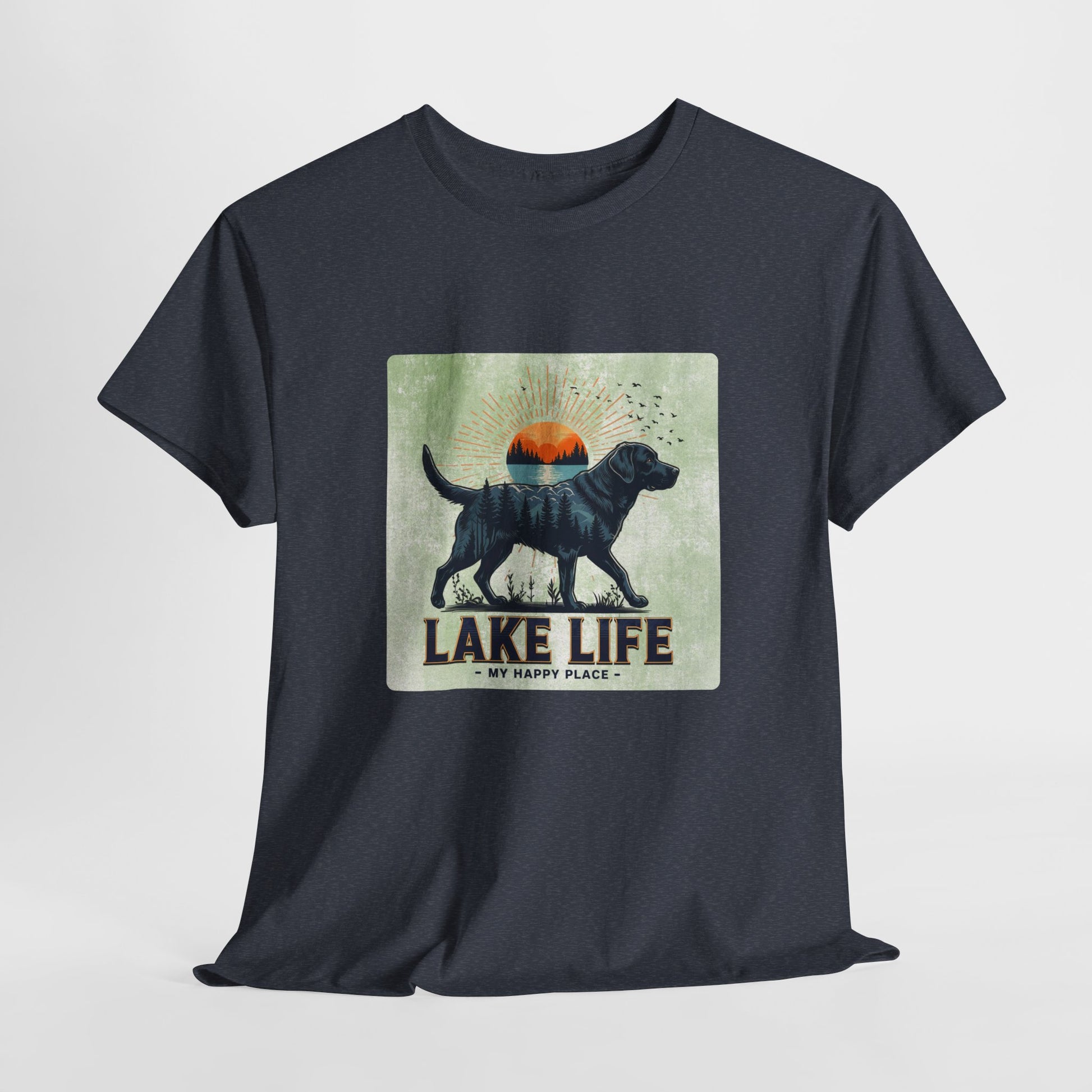 Black t-shirt with a graphic of a dog and 'Lake Life My Happy Place' text on a light gray background