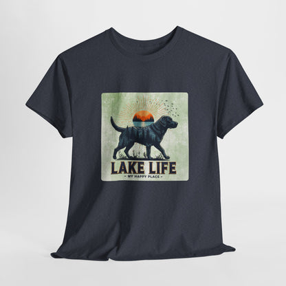 Black t-shirt with a graphic of a dog and 'Lake Life My Happy Place' text on a light gray background