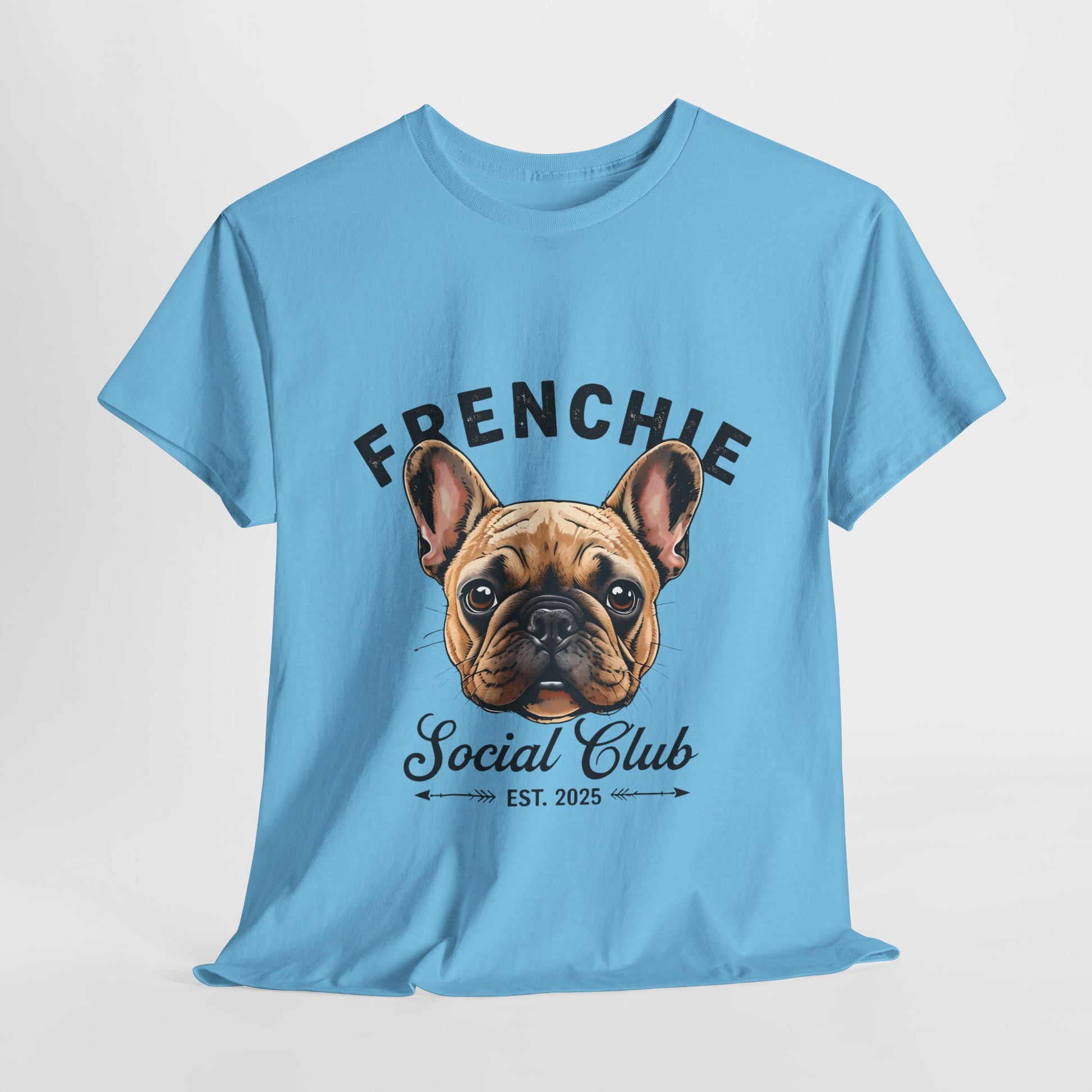 Light blue t-shirt with a French Bulldog graphic and 'FRENCHIE Social Club' text on a light gray background