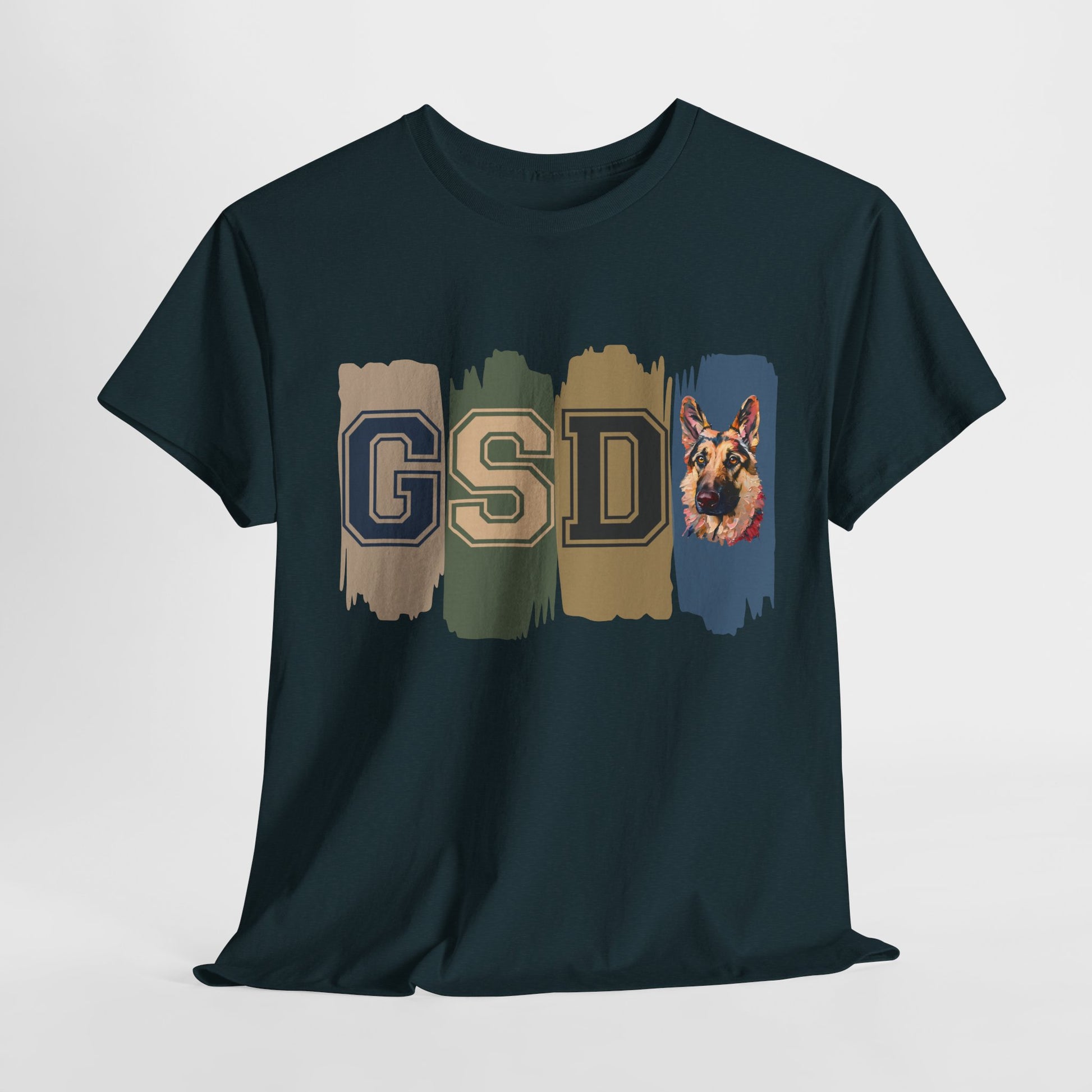 Black t-shirt with 'GSD' and dog illustration on a light gray background