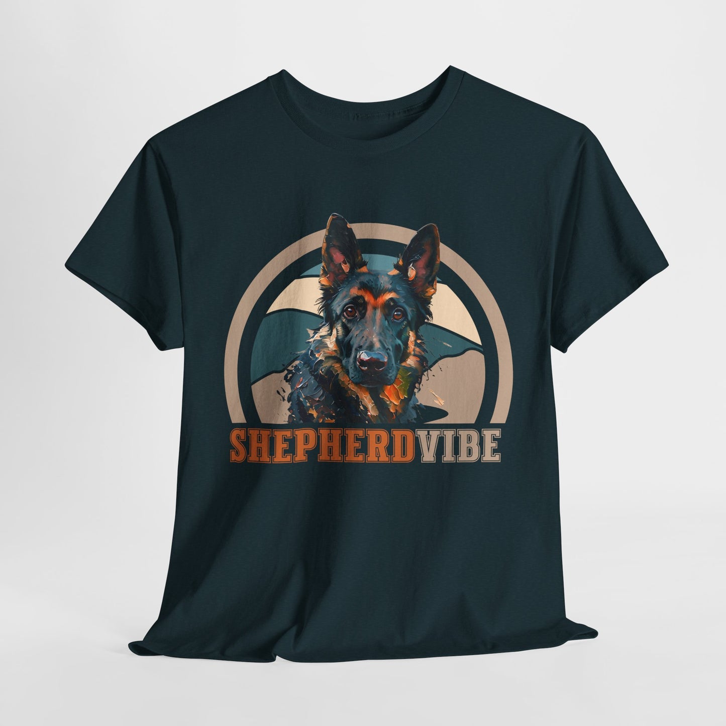Black t-shirt with a dog graphic and 'Shepherd Vibe' text on a white background