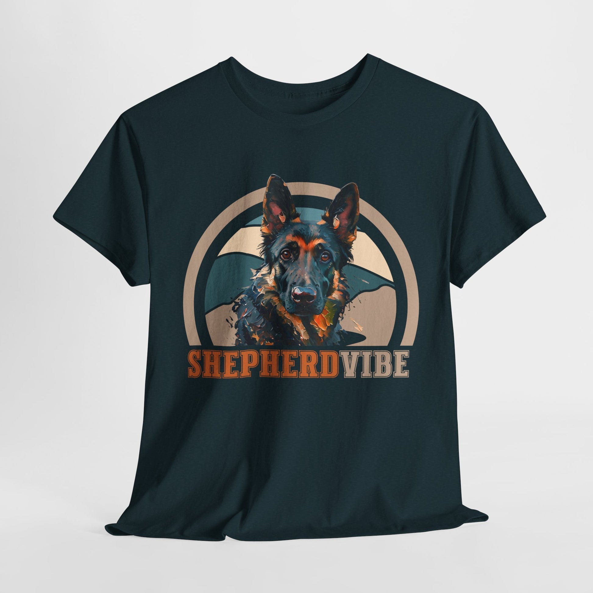 Black t-shirt with a dog graphic and 'Shepherd Vibe' text on a white background