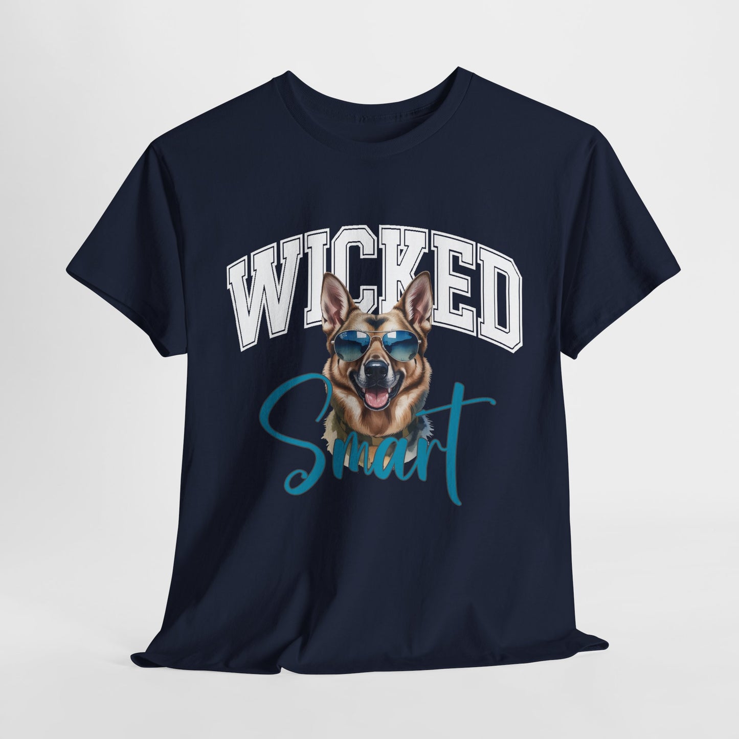 Black t-shirt with a dog graphic and 'Wicked Smart' text on a light gray background