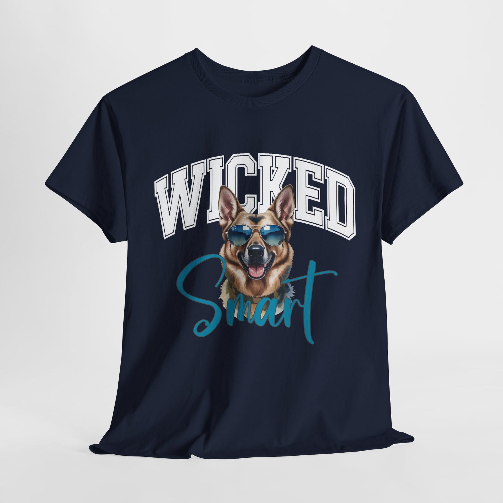 Black t-shirt with a dog graphic and 'Wicked Smart' text on a light gray background
