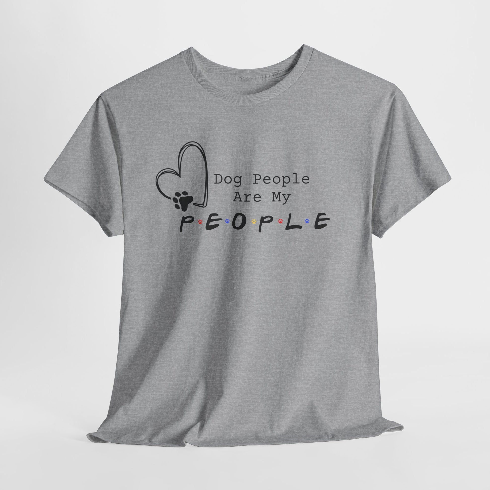 Gray t-shirt with 'Dog People Are My People' text and heart design on a white background