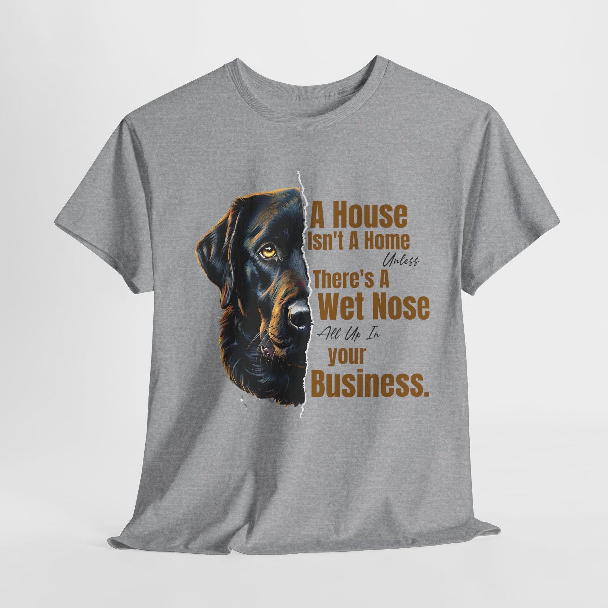 Gray t-shirt with a dog graphic and text on a white background