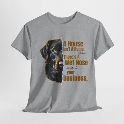 Gray t-shirt with a dog graphic and text on a white background