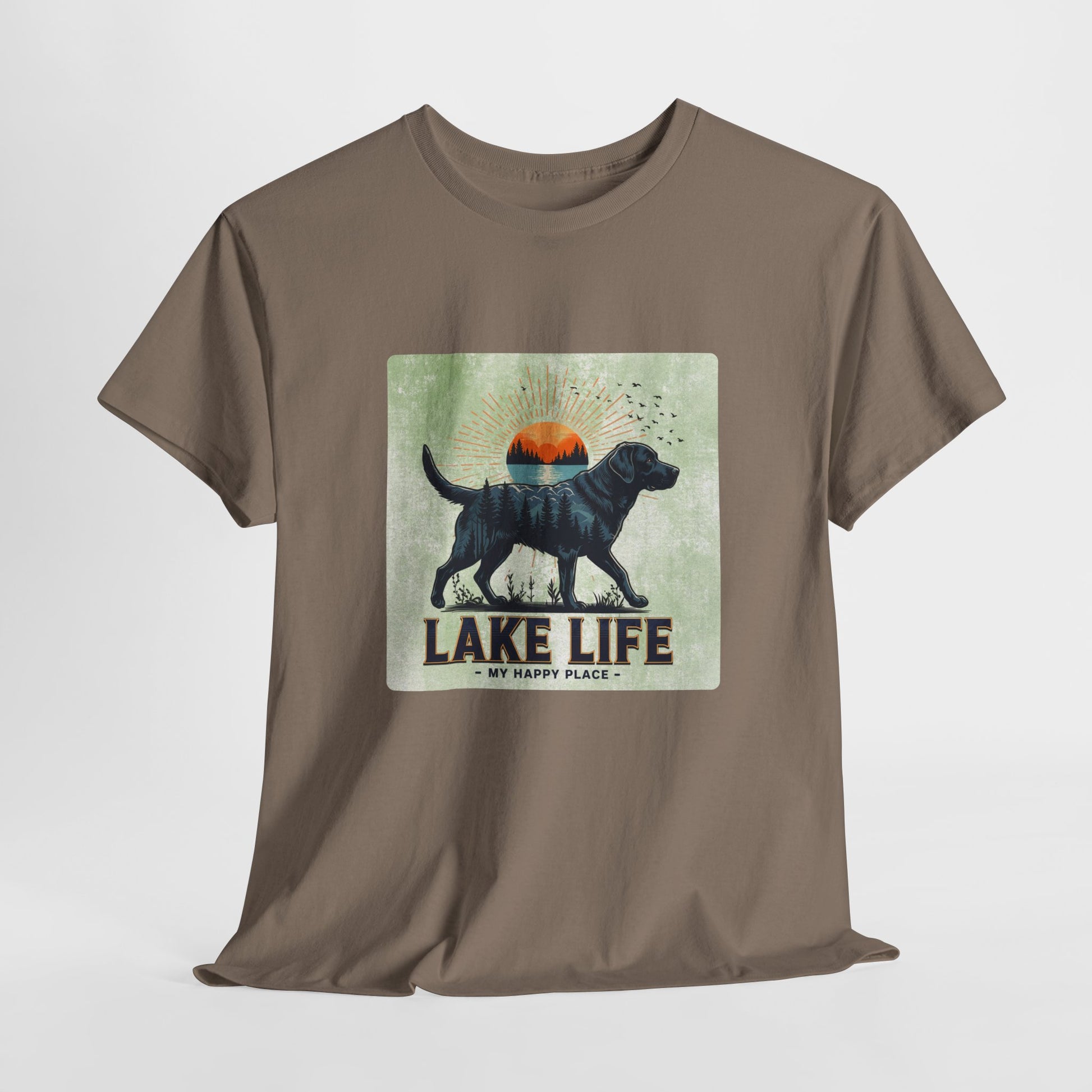 Brown t-shirt with a graphic of a dog and 'Lake Life My Happy Place' text on a light gray background