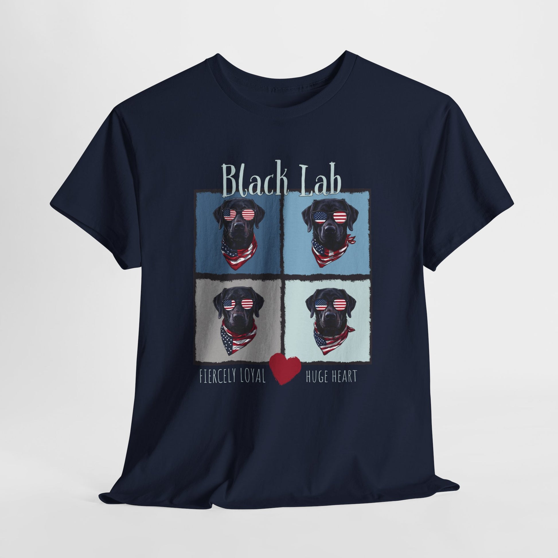Navy blue t-shirt with black labrador retriever design and text on a light gray background