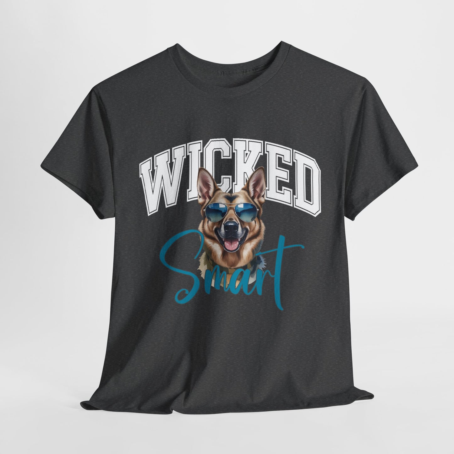Black t-shirt with a graphic of a dog wearing sunglasses and the text 'Wicked Smart' on a light gray background.