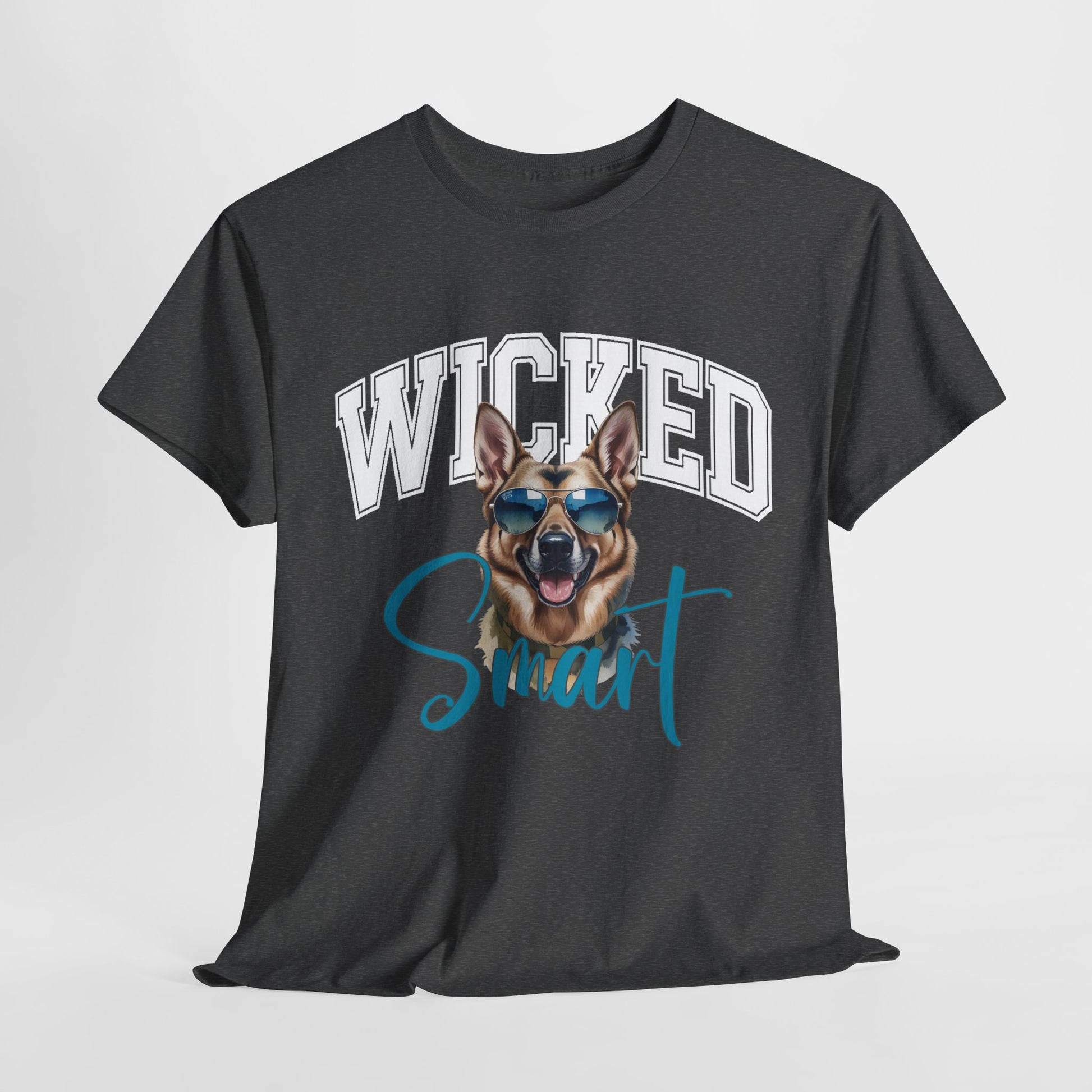 Black t-shirt with a graphic of a dog wearing sunglasses and the text 'Wicked Smart' on a light gray background.
