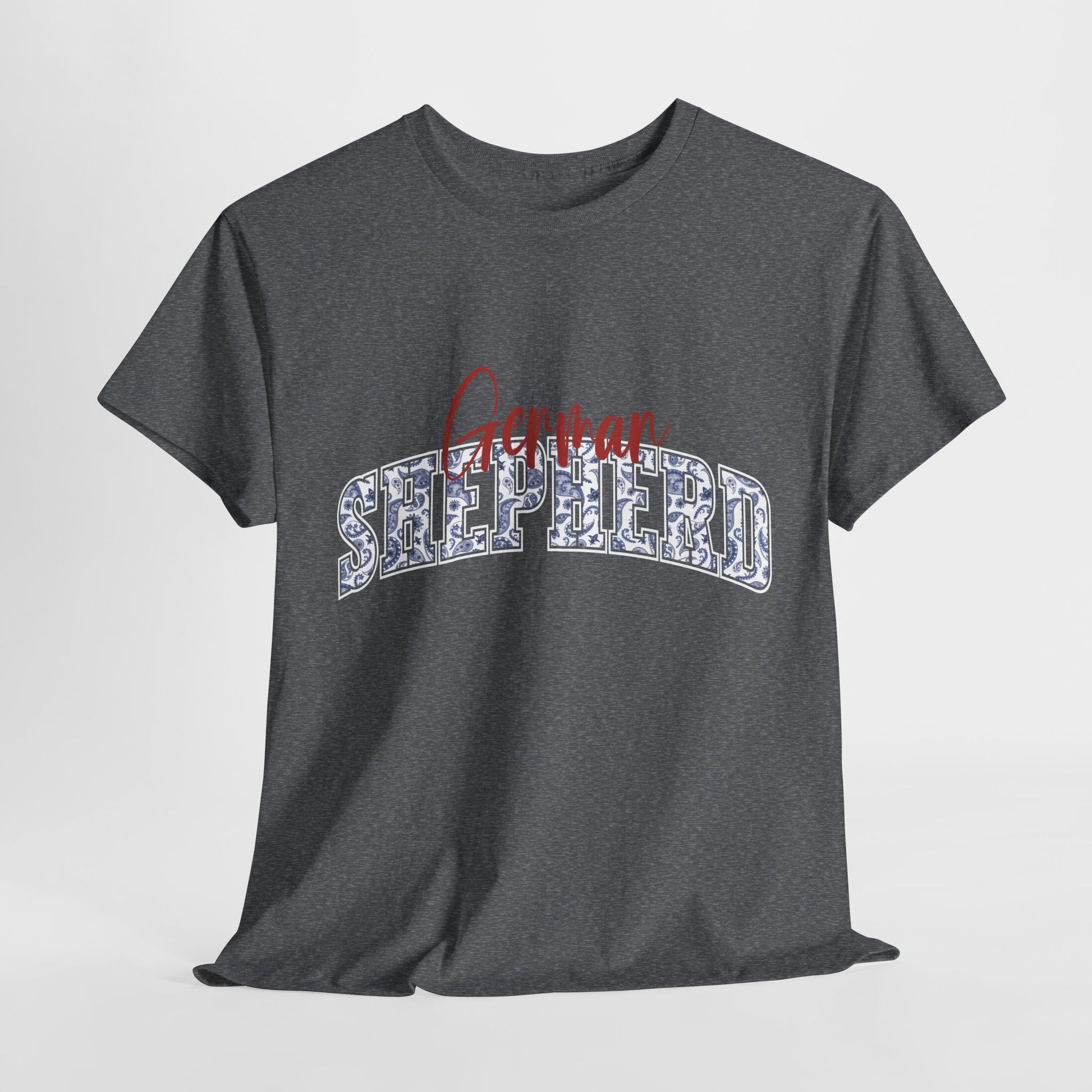 German Shepherd Tshirt with varsity and script lettering in graphite heather