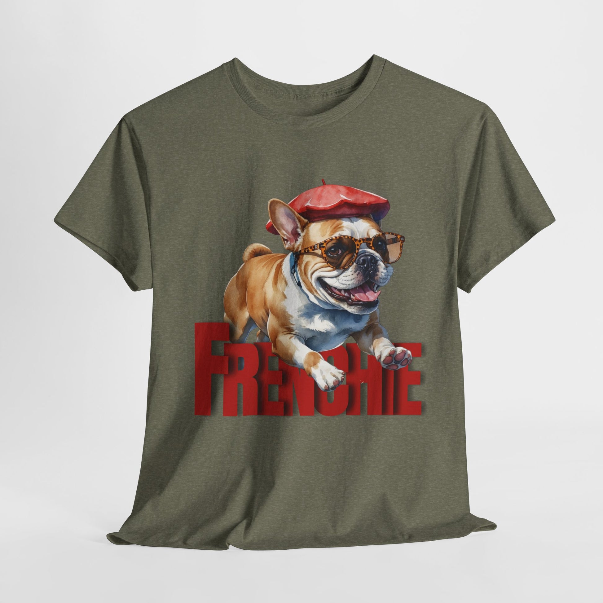 Green t-shirt with a bulldog graphic wearing a red beret and sunglasses, and the word 'Freddie' printed below.