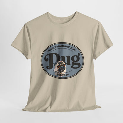 Beige t-shirt with a graphic design featuring a dog and text on a white background