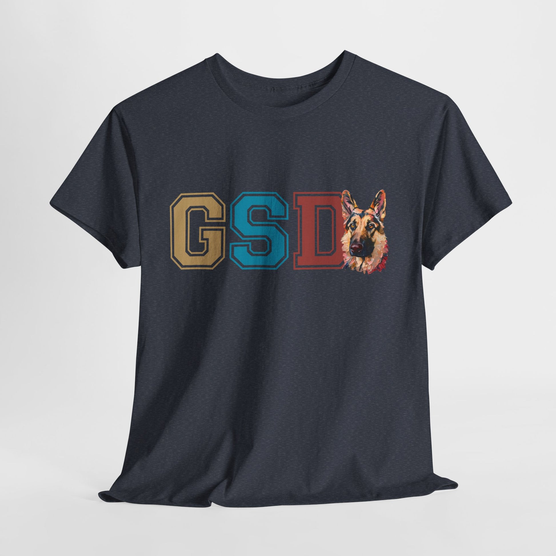 Black t-shirt with a German Shepherd graphic and 'GSD' letters on a light gray background