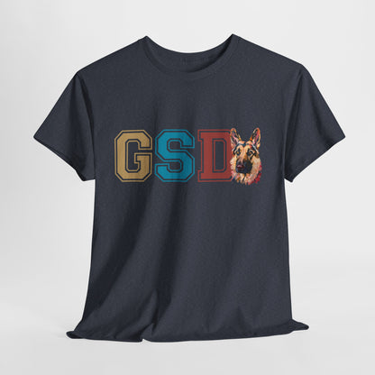 Black t-shirt with a German Shepherd graphic and 'GSD' letters on a light gray background