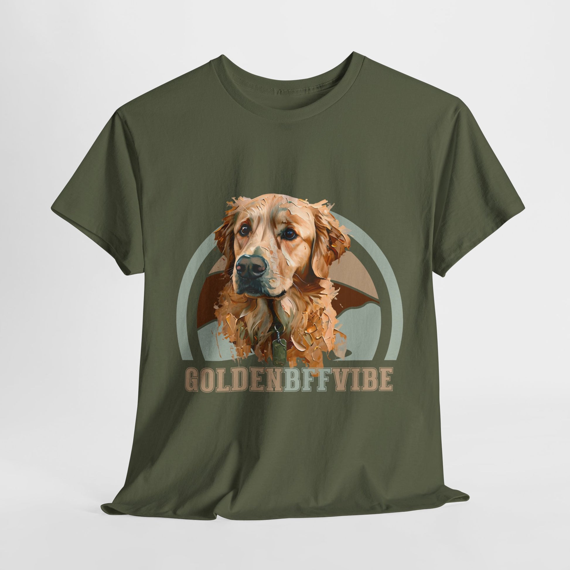 Green t-shirt with a dog graphic and 'GOLDENBFFVIBE' text on a white background