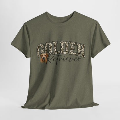 Green t-shirt with 'Golden Retriever' text and dog graphic on a white background