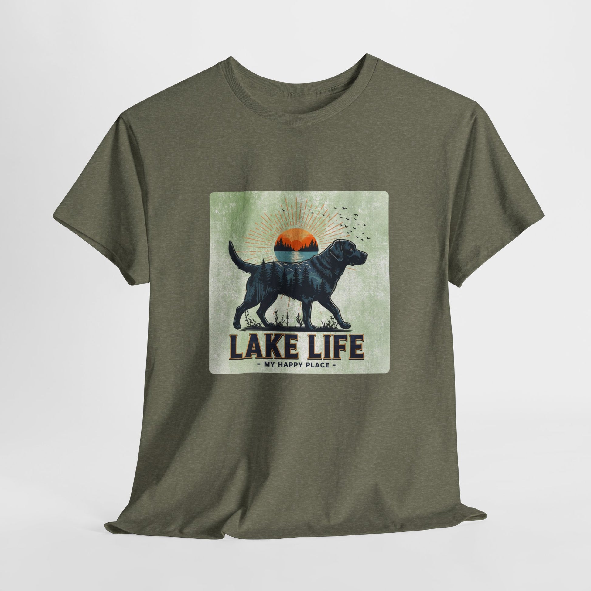 Green t-shirt with a graphic of a dog and 'Lake Life My Happy Place' text on a light gray background