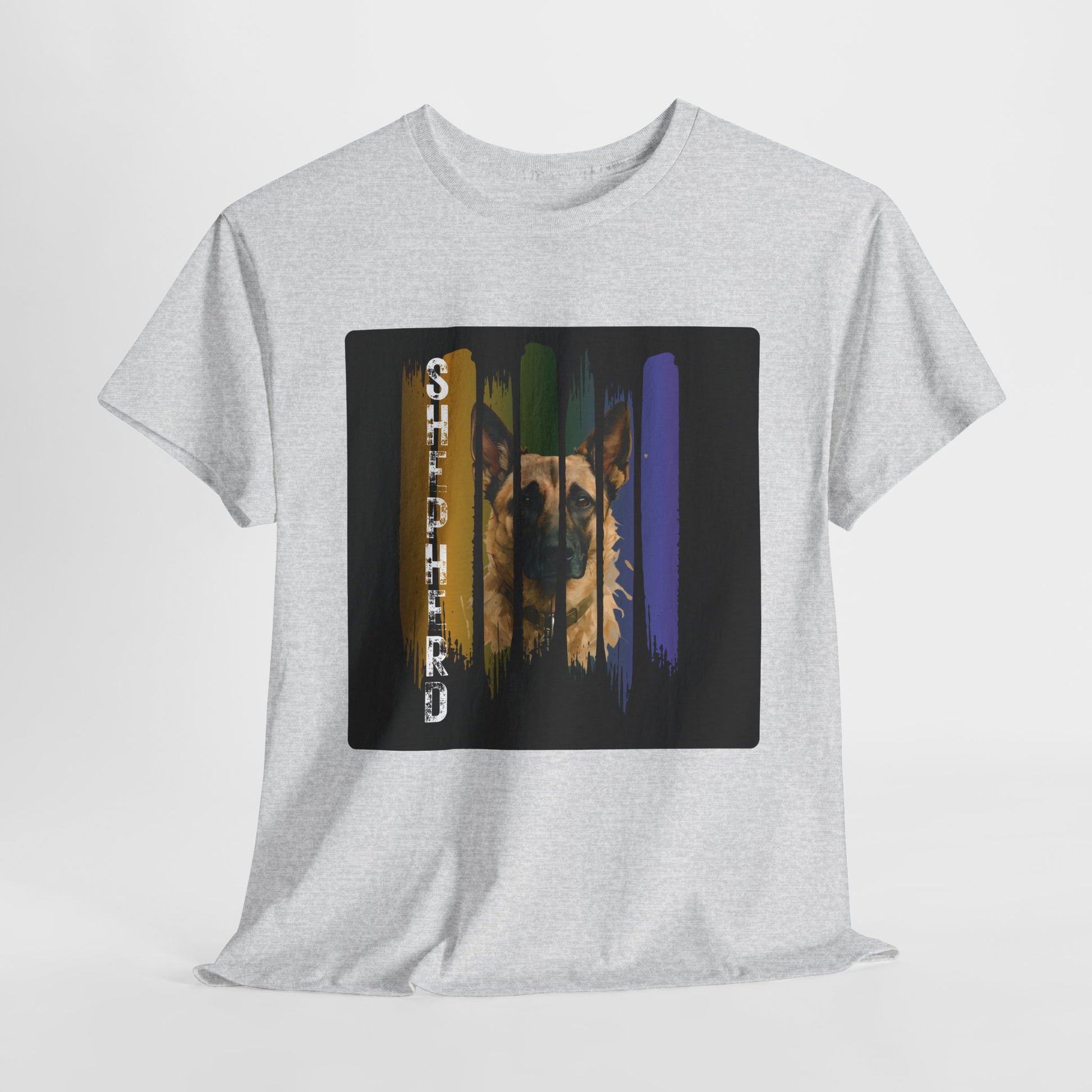 Gray t-shirt with a graphic design of a bear and colorful stripes on a white background
