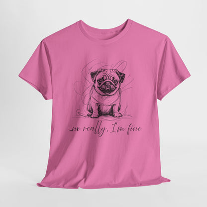 Pink t-shirt with a pug graphic and text on a white background